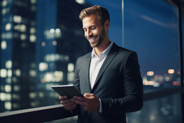 Fototapeta premium smiling businessman in formal wear using tablet