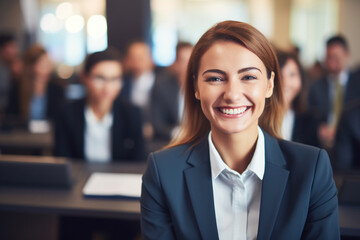 smiling businesswoman in conference room with copy space