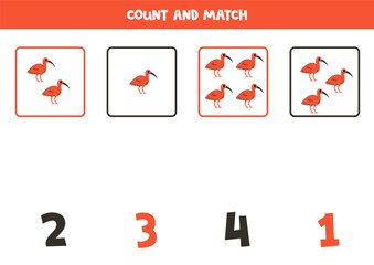 Counting game for kids. Count all scarlet ibises and match with numbers. Worksheet for children.