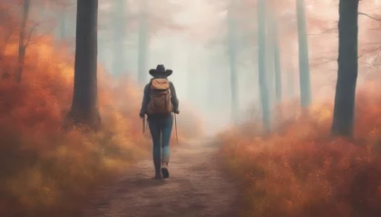Poster Hiking in fog at autumn forest. Woman tourist with cowboy hat and backpack walking at footpath © Adi