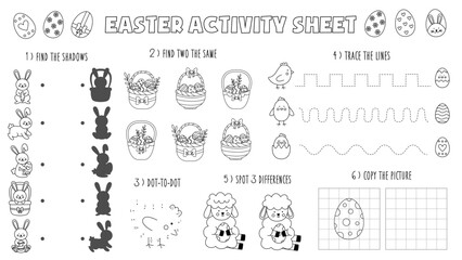 Vector Easter place mat for kids. Winter activity sheet. Black and white Easter worksheet.