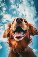 A portrait of a funny red dog looking upward. Blue background sky with clouds. Copy space.