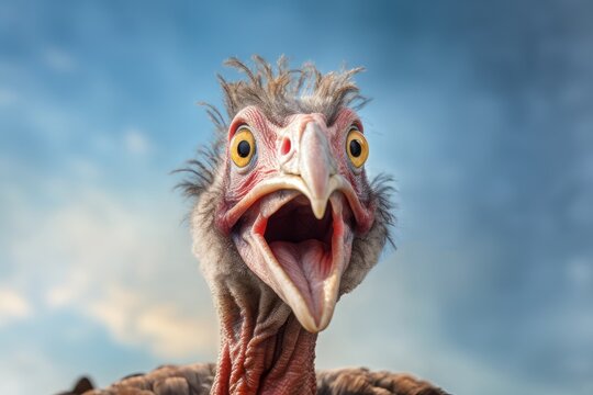 A portrait of a funny turkey. Blue background sky with clouds. Copy space.
