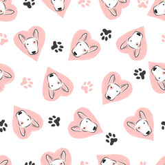 Seamless cute bull terriers pattern. Vector funny dogs and hearts illustration - obrazy, fototapety, plakaty
