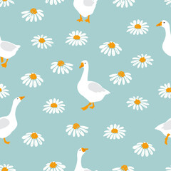 Seamless cute geese pattern. Cartoon goose and flowers print. Vector illustration - 682955049