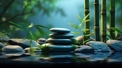 zen stones in water, bamboo trees 
