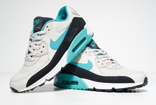 kent, uk, 01.01.2023 Genuine Authentic Rare Nike air max 90 essential light bone turqouise. Nike air max retro classic sneaker trainers. Nike sport and street wear fashionable athletic shoes