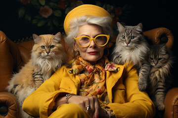 Fröhliche Seniorin genießt ihr Leben - mit vielen Katzen