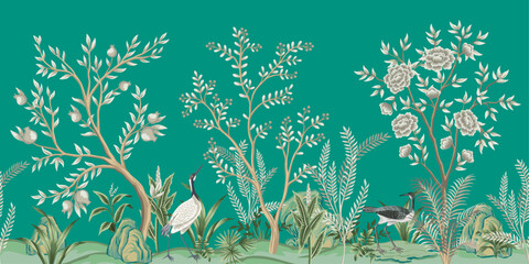 Vintage botanical garden tree, stork, bird, plant floral seamless border turquoise background. Exotic chinoiserie mural. © good_mood
