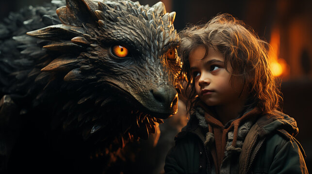 Little boy with a fantasy dragon head in a dark forest. 