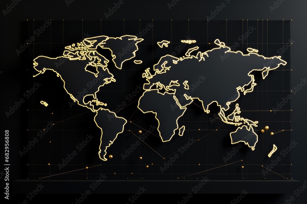 Aufkleber golden world map on dark background. global business concept. 3d rendering, abstract mash line and p