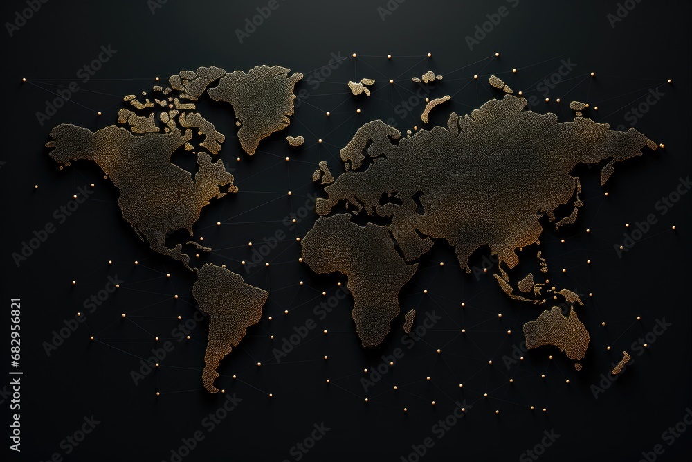 Poster map of the world made of gold on black background. 3d rendering, abstract mash line and point scales