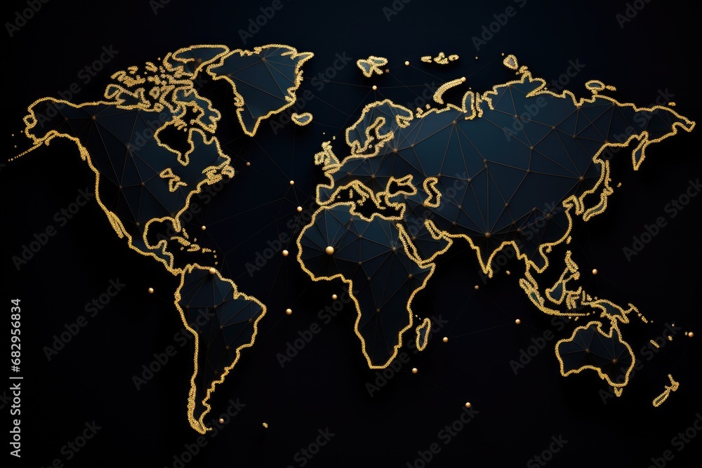 Aufkleber abstract world map with golden dots on dark background. vector illustration, abstract mash line and 