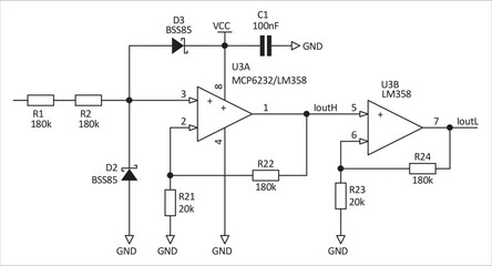
Schematic diagram of electronic device.
Vector drawing electrical circuit with operational amplifier, 
resistor, diode, capacitor
and other electronic components on white background of paper sheet.