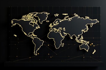 Golden world map on dark background. Global business concept. 3D Rendering, Abstract mash line and point scales on a black background with a world map, AI Generated