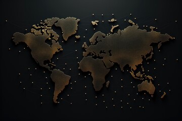 Obraz premium Map of the world made of gold on black background. 3d rendering, Abstract mash line and point scales on a black background with a world map, AI Generated