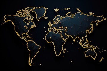 Abstract world map with golden dots on dark background. Vector illustration, Abstract mash line and point scales on a black background with a world map, AI Generated