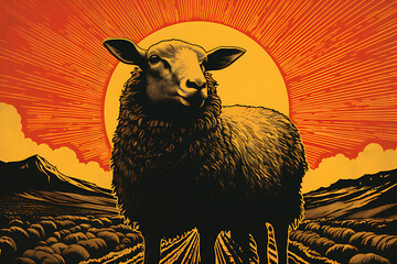 Art life of sheep in nature, block print style ai generate