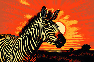 Art life of zebra in nature, block print style ai generate