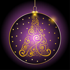 Fototapeta premium Vector illustration of golden Christmas ball on violet background for template, cover, greeting card, poster, flier. Christmas decoration with abstract tree, sun, circles and glowing lights. EPS 10.