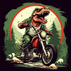 Dinosaur driving a motorcycle in the summer