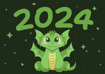 Greeting card with cute green dragon, new year 2024, symbol of the new year