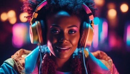 Laughting, close up.  isolated on dark background in multicolored neon, listening to music with headphones