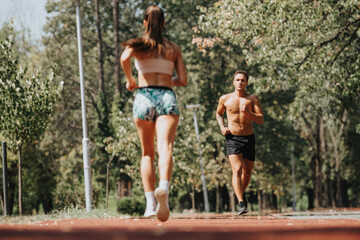 Fit Caucasian couple practice outdoor training in sunny park. Running, sprinting, and jogging, they exercise in natural environment. Strong, with well-defined muscles. Positive fitness results.