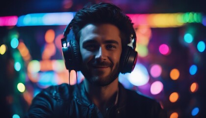 Laughting, close up.  isolated on dark background in multicolored neon, listening to music with headphones