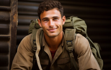 Young Israeli soldier, portrait. A beautiful, bold face, smiling, looking at the camera. Behind his shoulders is a military backpack. Blurred outdoor background. Close-up. Generative AI.