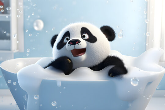 Cartoon panda is bathing in white bathroom