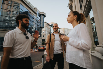 Confident business partners discussing project details outdoors in the urban city. Analyzing statistics, reviewing documents, and planning for profitability.