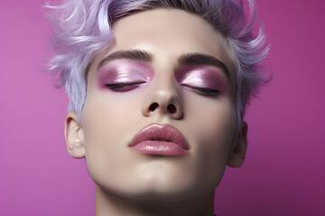 Portrait of man with bright purple make up