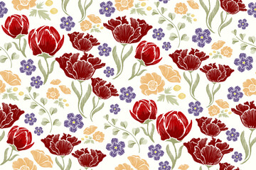 Floral embroidery pattern seamless paisley patches border with tulips flower motifs background border oriental Europe  style. Ikat pattern seamless vector illustration spring summer colourful design .