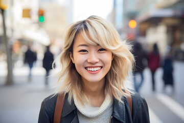 Young blond smiling Asian woman in city street