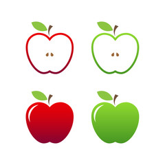 Apple icon. Set of red, green, and half apple with leaf vector.