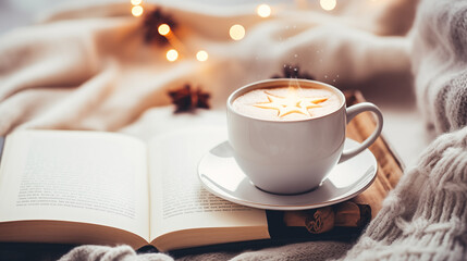 A warm and cozy Christmas setting with a knitted sweater, a cup of hot cocoa, and a book, Merry Christmas background, top view, with copy space