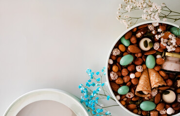 Peanuts in box. Gift to Women's Day (8 March), Women's Day. Mother's Day Valentines day. Festive round box.