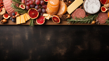 A top view of a Christmas-themed charcuterie board with cheeses, meats, and festive fruits, Merry Christmas background, top view, with copy space