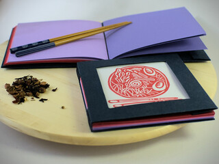 Handmade binding with colorful leaves and composition - Handmade binding with colorful leaves and...