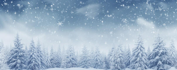 Banner winter seasonal ,snow falling down to pine tree and ground, nature background with copy space