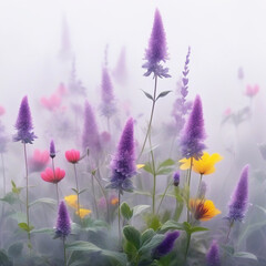 Wildflowers in the morning mist. Generative AI.