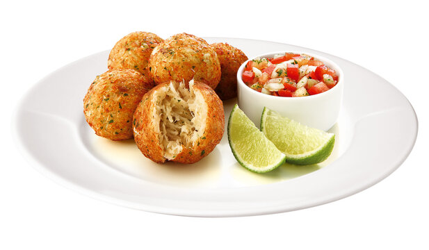 prato com por&ccedil;&atilde;o de bolinho de bacalhau acompanhado de salada vinagrete e fatias de lim&atilde;o isolado em fundo transparente