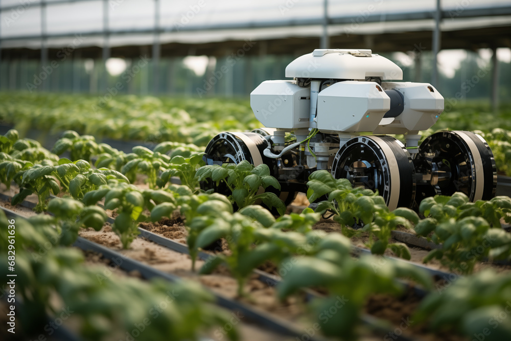 Poster Autonomous wheeled robot is working in an agricultural field. Using artificial intelligence on a smart farm