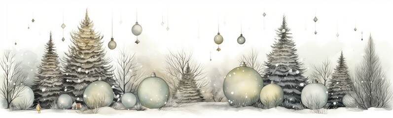 Decorative new year ornament page divider, frame or border, snow and xmas balls scene, pine trees landscape on white background, elegant and beautiful decoration, houses and stars, drawing watercolor