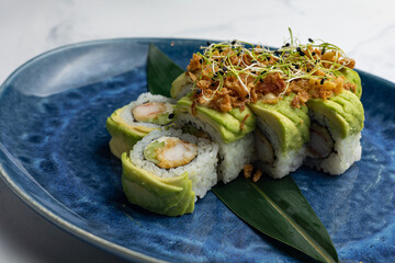 Japanese cuisine. Tasty rolls with crab