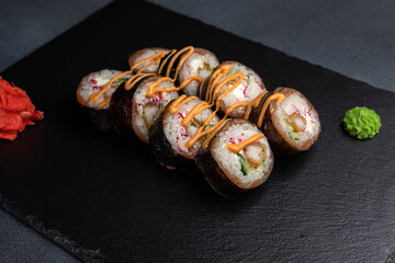 Japanese cuisine. Tasty rolls with crab