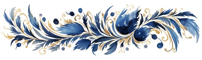 Beautiful, elegant gold and blue acanthus illustration, festive watercolor drawing of abstract twirling arabesques, foliage ornament decorative band, white background feather border, divider or frieze - obrazy, fototapety, plakaty