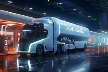 Futuristic truck with hydrogen fuel tank on a background of H2 filling station. Concept	 - obrazy, fototapety, plakaty
