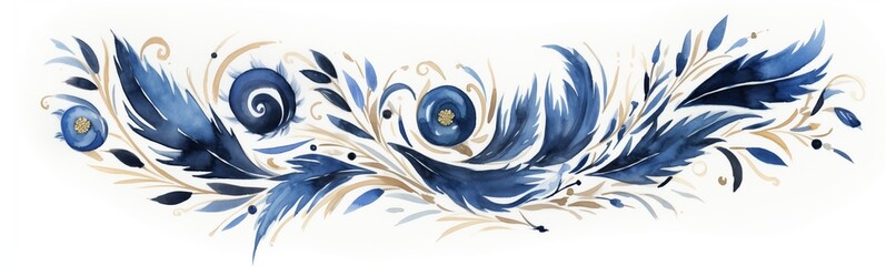 Beautiful, elegant gold and blue acanthus illustration, festive watercolor drawing of abstract twirling arabesques, foliage ornament decorative band, white background feather border, divider or frieze
